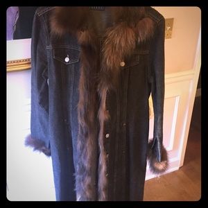 fab fur-trimmed long black jean coat